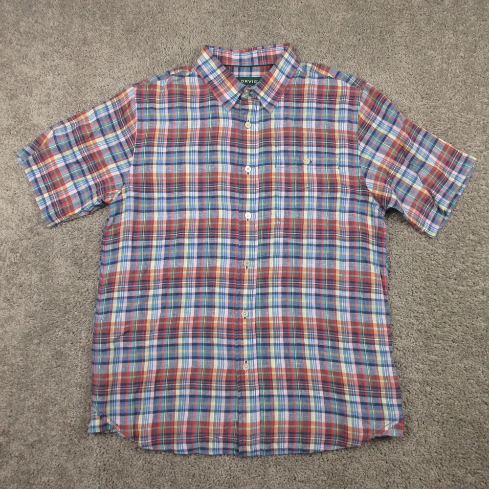 Orvis Shirt Mens Medium Multicolor Madras Plaid Linen Lightweight Button Up EUC